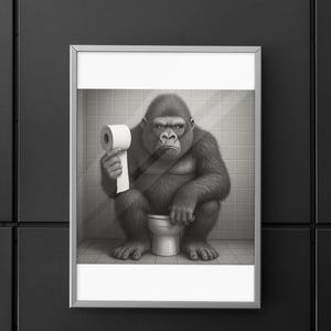 Funny gorilla poster for the bathroom – animal on the toilet | Digital download | Black and white wall picture | Humorous decoration for the guest toilet