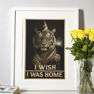 Funny tiger poster – New Year&#39;s Eve with sparkler & party hat | Black and white wall decoration | Humorous animal picture for the office and home