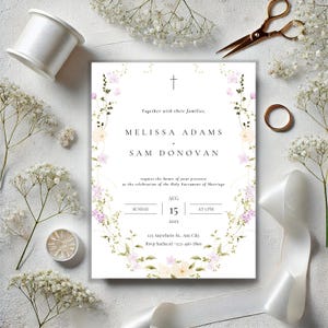 Modèle de faire-part de mariage catholique floral élégant - carte de mariage chrétien imprimable, mariage centré sur le Christ