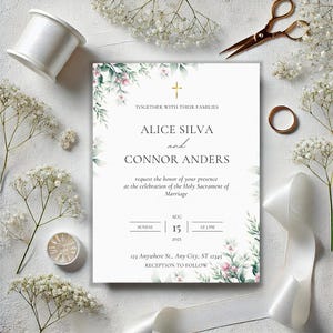 Plantilla elegante de invitación de boda católica, tarjeta de boda cristiana imprimible, boda centrada en Cristo