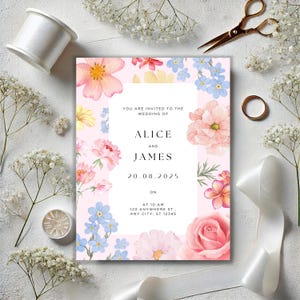Rosa katholische Hochzeitseinladung, Blumeneinladung, Aquarellblumen, Illustration, bearbeitbare Hochzeitseinladung