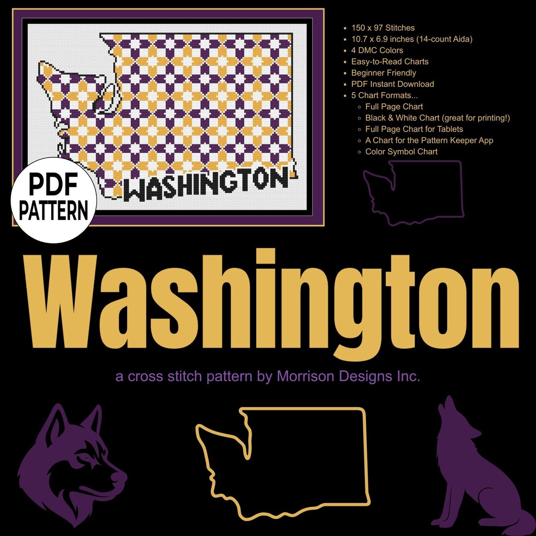 Washington Pattern Washington State Cross Stitch Pattern | UW Huskies Purple & Gold Modern ...