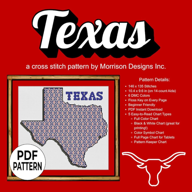 Texas Repeating Vector Texas Embroidery | State Outline Cross Stitch | Red & Blue Beginner ...