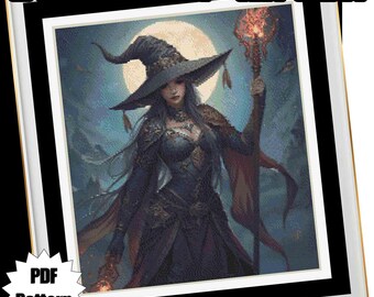 Kruissteekpatroon hemelse heks | Fantasieborduurontwerp | Gotisch Halloween-decor | Pdf direct downloaden
