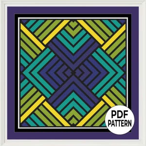 May include: Geometric cross-stitch pattern in a white frame. The design features a symmetrical arrangement of teal, yellow, green, and navy blue lines. The words "PDF PATTERN" are in a white circle in the lower right corner.