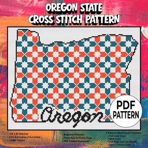 May include: Cross stitch pattern featuring the Oregon state outline filled with a geometric pattern in teal, orange, and white. The design includes the word "Oregon" in a script font. The text "OREGON STATE CROSS STITCH PATTERN" is at the top.