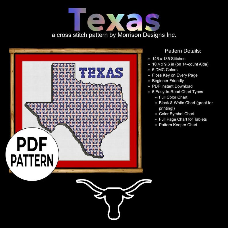 Texas Repeating Vector Texas Embroidery | State Outline Cross Stitch | Red & Blue Beginner ...