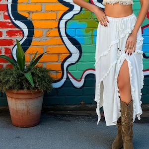 Bohemian Summer Elastic Festival Skirt, Summer Layered Midi Skirt, Vacation Beach Dress, Women Rave Party Skirt, Cowgirl Western Chic Outfit