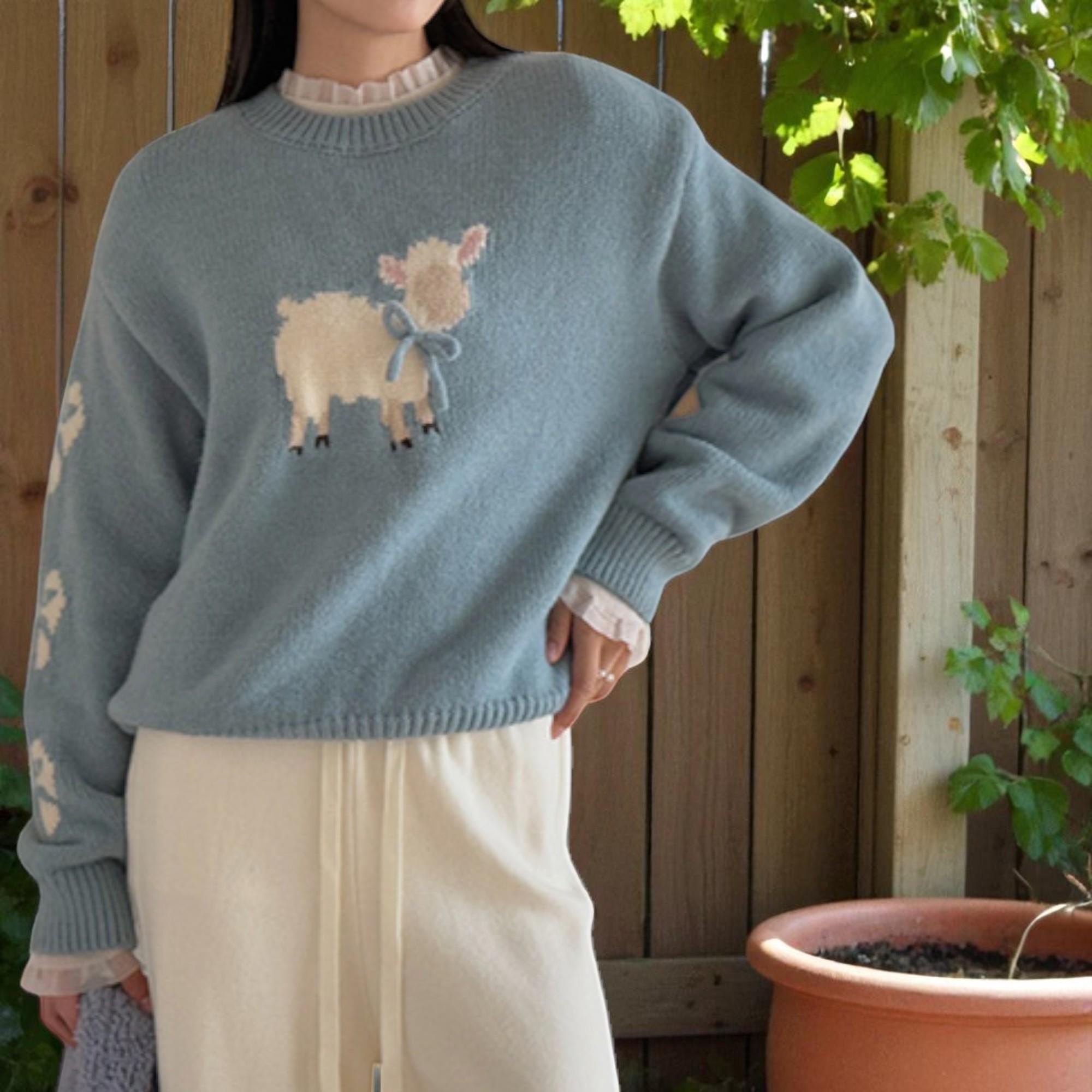 Blue Hole Little Lamb Patchwork Knit Sweaters O Neck Spring