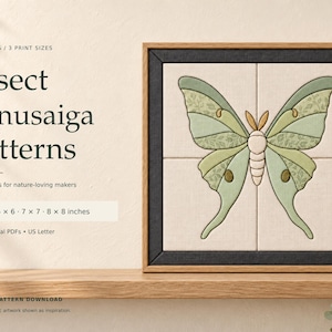 Puede incluir: Una obra de arte Kinusaiga enmarcada que muestra una polilla con alas de color verde claro y crema, en un marco de madera. El texto a la izquierda dice: Insect Kinusaiga Patterns, 6 diseños, 3 tamaños de impresión, 15x15, 18x18, 20x20 cm, 18 PDF.