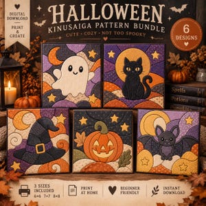 May include: A digital download Halloween Kinusaiga pattern bundle featuring six designs including a ghost, black cat, witch hat, pumpkin, and bat. The patterns display colorful, quilted-style illustrations with stars and moons on a dark background.