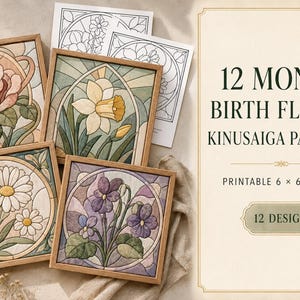 Geburtsblumen-Kinusaiga-Musterpaket, 12 monatliche Blumendesigns, Stoffkunstvorlagen im Buntglas-Stil, druckbare 6x6-PDF-Datei zum Download
