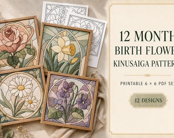 Puede incluir: Un conjunto de 12 patrones de flores de nacimiento Kinusaiga con diseños PDF imprimibles de 6 x 6. La colección incluye cuatro piezas de arte cuadradas enmarcadas que muestran una rosa, un narciso, una margarita y una violeta.