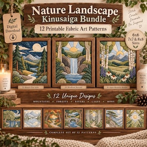 Może przedstawiać: Cyfrowy pakiet do pobrania zawierający 12 wzorów do druku na tkaninie pod tytułem Nature Landscape Kinusaiga Bundle. Zestaw zawiera różne sceny przyrodnicze z górami, lasami, rzekami i jeziorami w kwadratowych ramkach, w rozmiarach 6x6, 7x7 i 8x8 cali.
