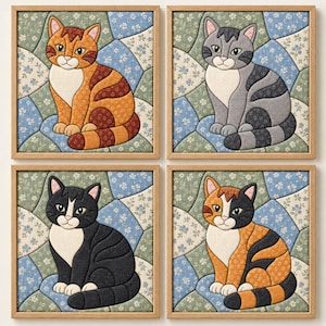 Pode incluir: Um conjunto de quatro peças de arte de parede em tecido emolduradas, cada uma com um gato acolchoado num padrão de cor diferente: tigrado laranja, tigrado cinzento, preto e branco e tricolor. Cada gato assenta num fundo de retalhos de tecido floral azul e verde.