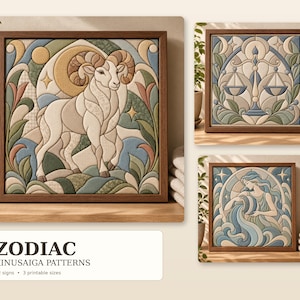 May include: Three square framed wall art pieces featuring Kinusaiga patterns of zodiac signs including Aries, Libra, and Aquarius. The designs use muted tones of blue, green, and cream. Text at the bottom reads ZODIAC KINUSAIGA PATTERNS 12 signs 3 printable sizes.