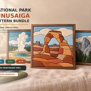 May include: Three framed Kinusaiga fabric art pieces depicting national park landscapes, including a central arch formation. Text reads: NATIONAL PARK KINUSAIGA PATTERN BUNDLE, 12 ICONIC LANDSCAPES, 36 PRINT-READY PDFS, 6x6, 7x7, 8x8, DIGITAL DOWNLOAD.