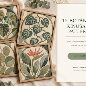 May include: Four square wooden frames containing Kinusaiga fabric art with botanical plant designs, including monstera and bird of paradise leaves. Text reads: 12 BOTANICAL KINUSAIGA PATTERNS, POPULAR HOUSEPLANT COLLECTION, PRINTABLE 6 x 6 PDF SET, 12 DESIGNS.