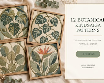 Peut inclure: Quatre cadres carrés en bois contenant de l'art textile Kinusaiga avec des motifs botaniques, incluant des feuilles de monstera et d'oiseau du paradis. Texte : 12 BOTANICAL KINUSAIGA PATTERNS, POPULAR HOUSEPLANT COLLECTION, PRINTABLE 6 x 6 PDF SET, 12 DESIGNS.