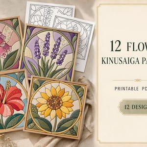 12 mönster med Kinusaiga-ängar och vildblommor, tygkonst i målat glas (PDF-paket 6x6, 7x7, 8x8)