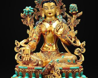 Full Gilded Green Tara Statue | Copper Buddhist Deity with Gem Inlay