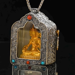 Tibetan Ghau Box Pendant: Brass Buddha Protector Amulet Necklace