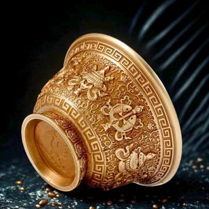 Puede incluir: Un cuenco dorado y ornamentado con intrincados grabados en relieve. El diseño incluye patrones geométricos, peces y otras figuras detalladas. El cuenco tiene un borde ancho y una base detallada.