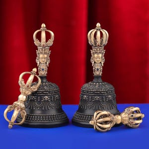 Portable Five  Nine Spoke Vajra Bell Set, Hand-Cast Brass Ghanta & Dorje for Meditation, Tibetan Buddhist Ritual Set, Altarpiece Gift