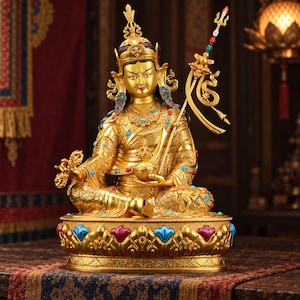 Könnte beinhalten: Eine goldene Statue einer sitzenden Gottheit, verziert mit türkisfarbenen und roten Edelsteinen. Die Figur trägt eine verzierte Krone, hält einen Ritualstab in der linken Hand und ein kleines Gefäß in der rechten, auf einem Lotussockel.