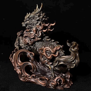 Kirin Brass Silver Statue, Tibetan Handcrafted Copper Good Fortune Protection Figurine, Office Home Decor, Unique Gift Desk Decor
