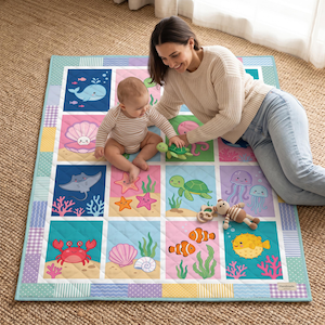 Peut inclure: Un tapis de jeu matelassé rectangulaire présentant une grille d'illustrations colorées de créatures marines, notamment une baleine, un crabe, une méduse et une tortue. La bordure est composée de petits carrés aux tons pastel bleu, violet et jaune.