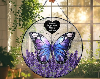 Personalized Memorial Butterfly Stained Glass Suncatcher with Lavender Flowers, Custom Name and Dates, Remembrance Window Hanging Gift