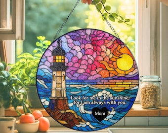 Attrape-soleil personnalisé en vitrail de phare, tenture personnalisée de la fenêtre du souvenir, cadeau de sympathie pour la perte d'un papa, d'un être cher