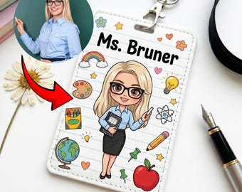 Custom Portrait Teacher Badge Holder, Personalized Cartoon Avatar ID Card Holder, Custom Character Lanyard Wallet, Best Teacher Gift