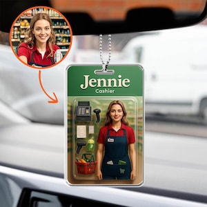 Benutzerdefinierte Actionfigur Porträt, benutzerdefinierte Actionfigur Acryl Auto hängen, personalisierte Fotoverzierung für Kassierergeschenk, Actionfigurverzierung