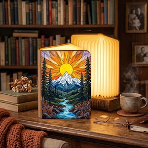 Stained Glass Mountain Sunrise Book Lamp, Nature Landscape Book Light, LED Foldable Lamp, Cozy Reading Night Light, Book Lover Gift