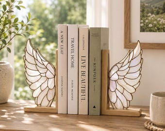 Stained Glass Angel Wings Bookends, Spiritual Bookshelf Decor, Guardian Angel Book Ends, Religious Gift for Reader, Minimalist Wing Decor