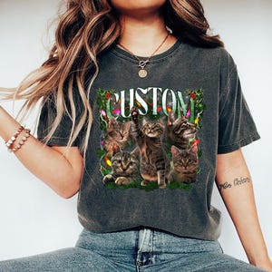 Comfort Colors Custom Christmas Cat Shirt, Personalized Pet Photo & Name Tee, Vintage 90s Holiday Cat Lover Gift, Custom Pet Portrait Shirt