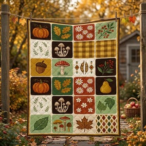 May include: A quilted blanket featuring a grid of squares with autumn-themed illustrations including pumpkins, mushrooms, acorns, daisies, maple leaves, berries, and a yellow pear, all set against a background of various earth-toned colors.