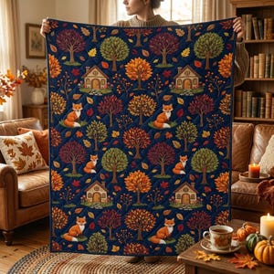 May include: A rectangular quilt featuring a dark blue background with a repeating pattern of orange foxes, small cottages, and various trees in shades of green, orange, and red. The design includes scattered autumn leaves throughout the fabric.