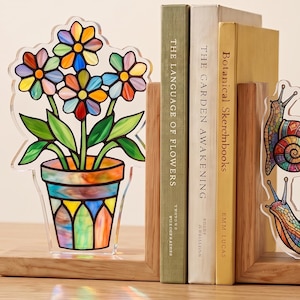 Whimsical Snail & Flower Pot Bookends, Colorful Faux Stained Glass Acrylic Book Stand, Garden Theme Desk Decor, Cute Book Lover Gift