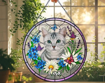 Attrape-soleil en vitrail pour portrait d'animal de compagnie, attrape-soleil en vitrail commémoratif d'animal de compagnie, cadeau commémoratif de chien/chat, cadeau de perte d'animal de compagnie