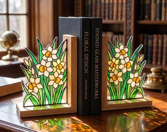 Sujetalibros de la colección Flor de Nacimiento, sujetalibros acrílicos de narciso, decoración de estantería estilo vidriera, regalo de cumpleaños para amantes de los libros.