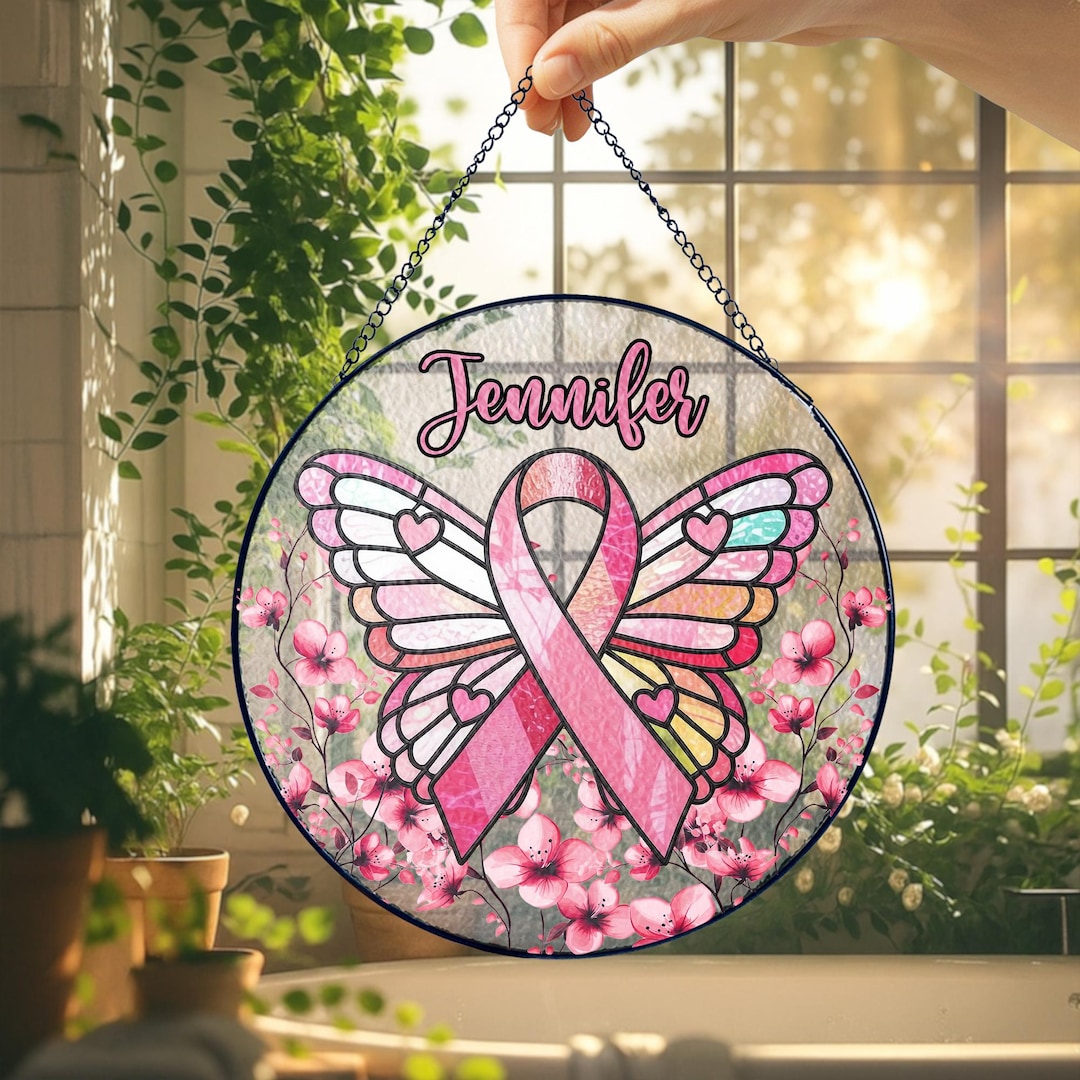Personalized Breast Cancer Awareness Suncatcher, Pink Ribbon Butterfly ...