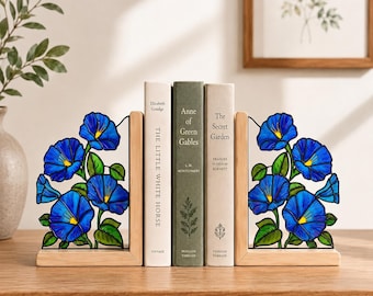 Sujetalibros acrílicos florales azules, decoración de estantería Morning Glory, sujetalibros de imitación de vidrieras, escritorio botánico para oficina en casa, regalo para lectores