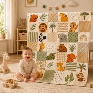 Safari Nursery Quilt Blanket, Jungle Animal Baby Boy Bedding, Neutral Lion Elephant Patchwork Throw, Boho Baby Shower Gift