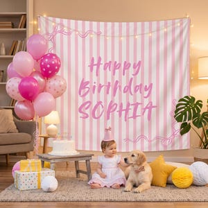 May include: A pink and white striped birthday backdrop featuring the text Happy Birthday SOPHIA in pink script, decorated with a pink bow illustration and a string of lights, accompanied by a cluster of pink balloons and gift boxes.