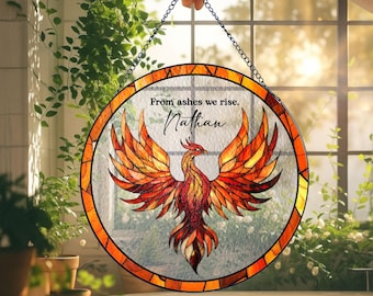 Personalized Phoenix Stained Glass Suncatcher, Custom Name Memorial Gift, Inspirational Window Hanging, From Ashes We Rise Home Decor