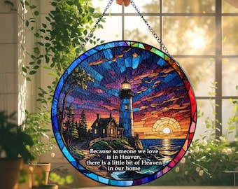 Attrape-soleil en vitrail de phare commémoratif personnalisé, décoration de fenêtre suspendue à la mémoire d'amour, cadeau du souvenir le paradis dans notre maison