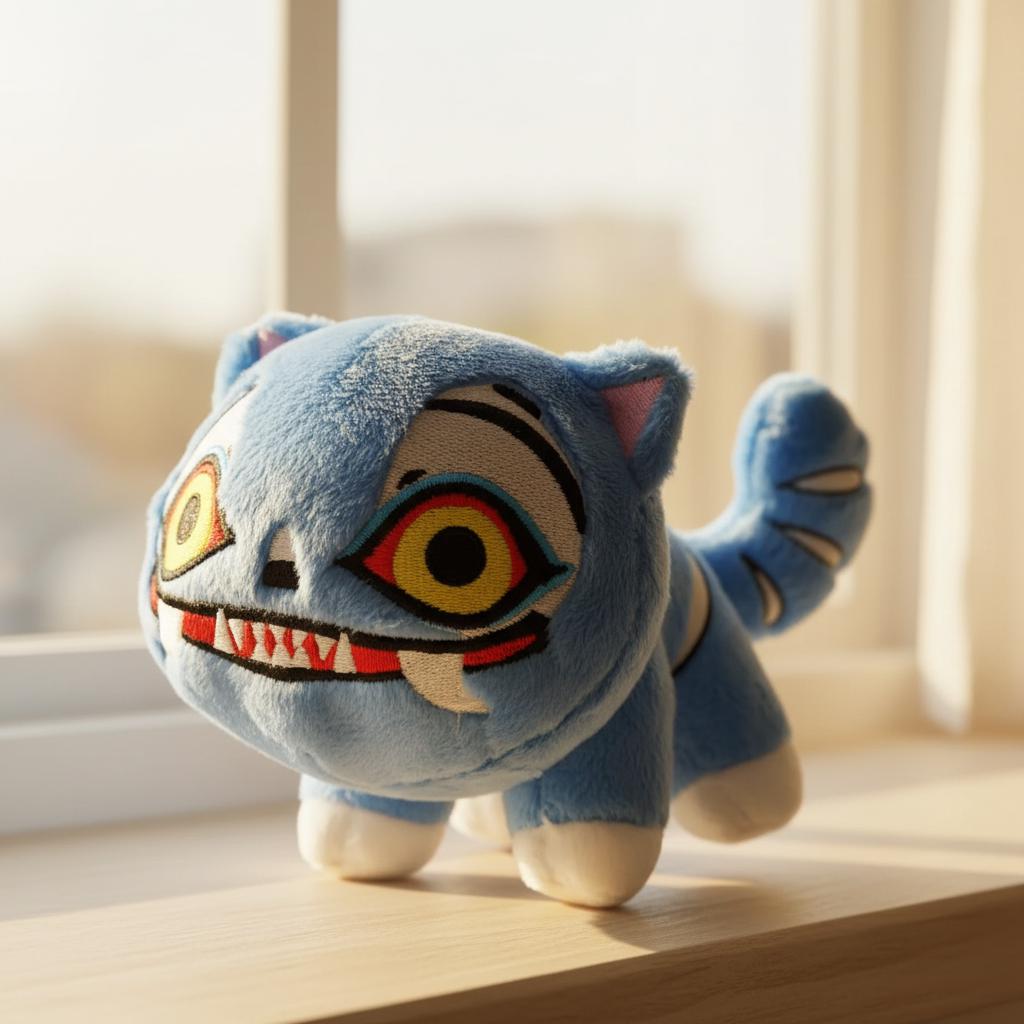 Peluche Tigre Bleu Fantaisie - Style Monster Kawaii - Grands Yeux, Dents Pointues - Doudou Déco